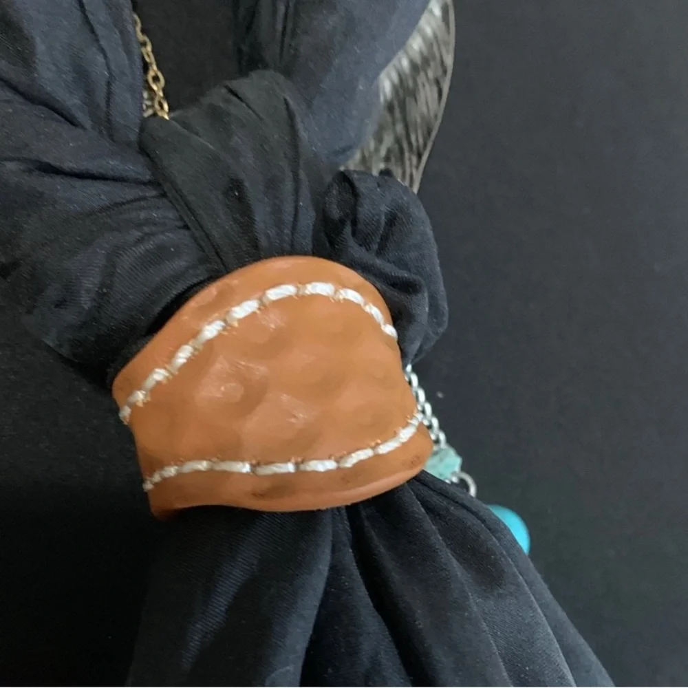 WESTERN Brown Stamped Faux Leather Scarf Ring with White Stitching Accessory